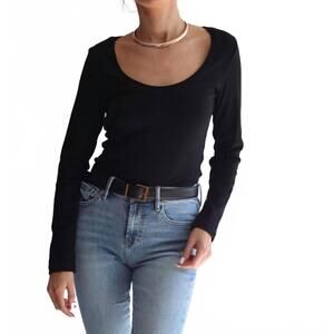 NEW SAVRAE day to night ribbed cotton long sleeve top in black